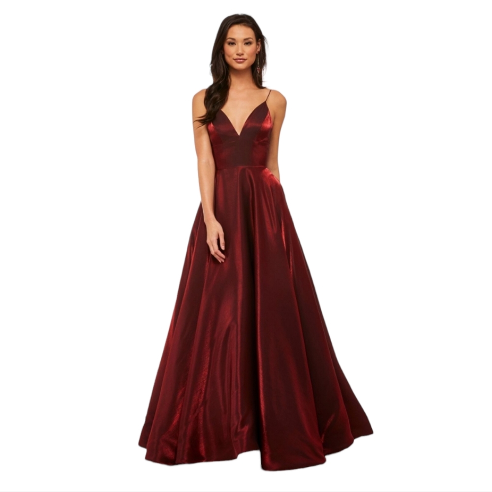 Sherri Hill satin dress V neck  spaghetti straps wine red sz 0